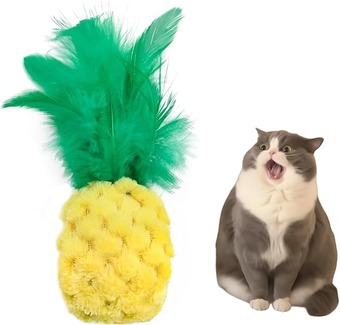 CECE PAW Pineapple Catnip Toys for Indoor Cats, Plush Feather Kicker Toy with Organic Catnip, Interactive Bunny Kick and Bat Toy for Kittens, Soft Curly Fabric