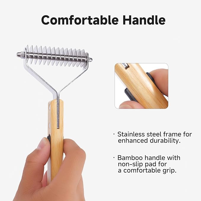Bamboo Undercoat Rake & Deshedding Comb for Dogs & Cats - Cat & Dog Brush & Dematting Tool for Matted Fur, Pet Grooming Kit with Fur Comb & Flea Comb for Shedding Control