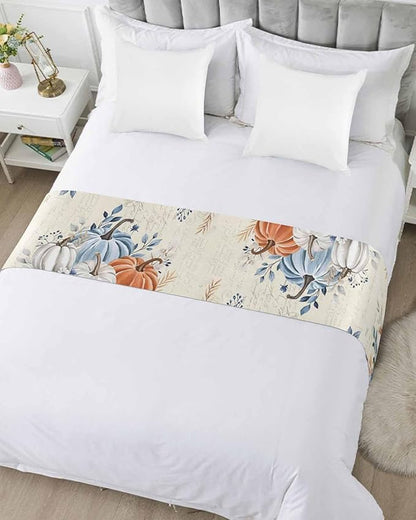 Orange Blue Pumpkins Bed Runner for King Size Bed, Fall Decorative Bed Scarf Throws for Foot of Bed, Thanksgiving Elegant Leaves Luxury Bedding Protector Slipcover Bed Runners for Home, 94 x 20 Inch