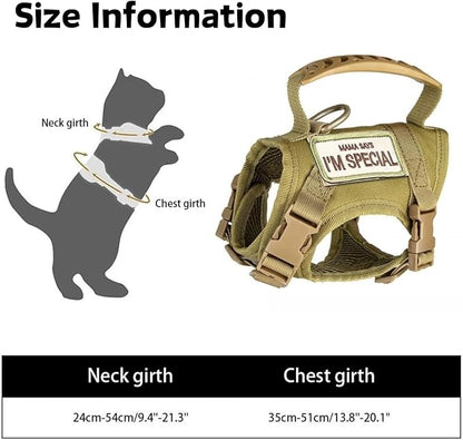 Tactical Cat Harness and Leash Set for Walking Escape Proof Adjustable Large Cat Vest Harness with Patches Soft Mesh Padding Rubber Handle Easy to Control (Khaki Harness & Leash)