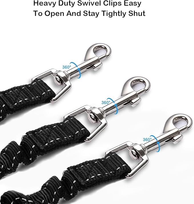 3 Way Dog Leash Coupler Heavy Duty No Pull Multiple Double Tangle Free Trio Nylon Bungee Cord Stretchy Sturdy Pups Lead for Small Medium Dogs Training Walking Doggy Puppy