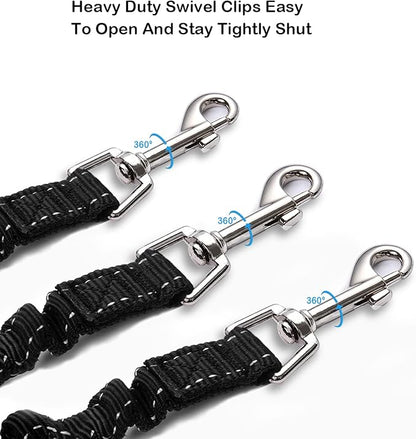 3 Way Dog Leash Coupler Heavy Duty No Pull Multiple Double Tangle Free Trio Nylon Bungee Cord Stretchy Sturdy Pups Lead for Small Medium Dogs Training Walking Doggy Puppy