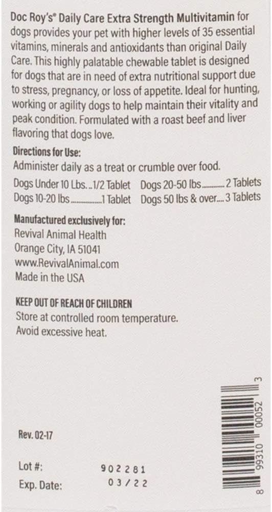 Doc Roy’s Daily Care Extra Canine, Multivitamin Supplement for Dogs, Daily Nutrient Support with Vitamins & Minerals, Roast Beef & Liver Flavor Tablets, 2500 ct