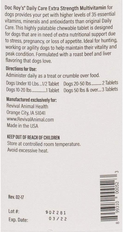 Doc Roy’s Daily Care Extra Canine, Multivitamin Supplement for Dogs, Daily Nutrient Support with Vitamins & Minerals, Roast Beef & Liver Flavor Tablets, 2500 ct