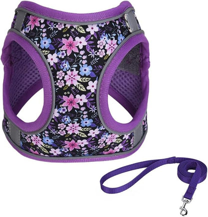 S Purple Flower Pattern Dog Harness and Leash Set,No Escape Puppy Harnesses for Training Walking，Breathable Adjustable Puppy Vest for Small Medium Dogs, Cats (Purple, S)