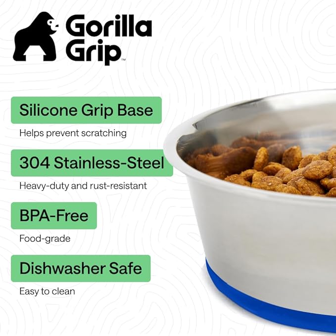 GORILLA GRIP Dog Bowls, Food Grade 304 Stainless Steel, Holds 2 Cups Each (16 fl oz) Food and Water Bowl for Feeding Dogs and Cats, Dishwasher Safe, Rust Resistant, BPA Free Rubber Base Set of 2 Blue