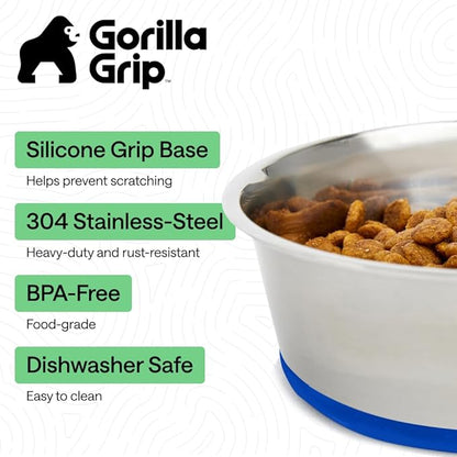 GORILLA GRIP Dog Bowls, Food Grade 304 Stainless Steel, Holds 2 Cups Each (16 fl oz) Food and Water Bowl for Feeding Dogs and Cats, Dishwasher Safe, Rust Resistant, BPA Free Rubber Base Set of 2 Blue