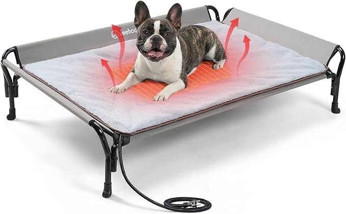 Veehoo Elevated Dog Bed with Plush Heated Mat, Raised Dog Bed with Waterproof Heating Pads for Cats & Dogs Outdoor Indoor, Heated Dog Sofa Bed with Power Line Protection Tube, 39.4" x 28.0", Grey