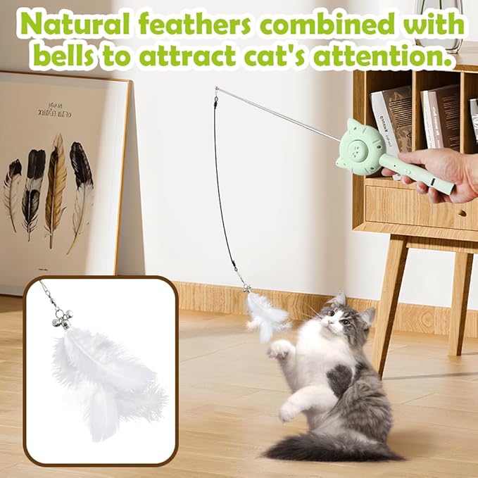5-in-1 Cat Toy with Laser Pointer, Self-Cleaning Deshedding Brush & Retractable Fishing Pole, Interactive Pet Grooming Comb for Cats & Kittens
