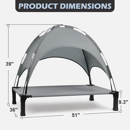 Heeyoo Elevated Dog Bed with Canopy, Outdoor Dog Bed Cot with Removable Shade Tent, Portable Raised Pet Cot Cooling Bed for Dogs and Cats, Grey, 51" x 36"
