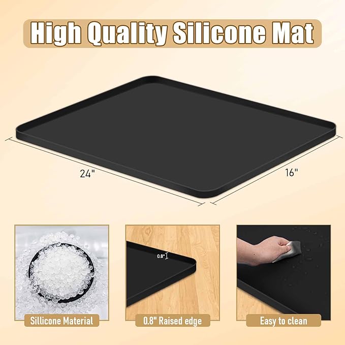 24x16x0.8 Inch Waterproof Water Cooler Mat with Raised Edge - Non-Slip Spill Drip Tray for Cooler Dispensers, Easy to Clean Mat for Floor & Countertop Protection in Kitchen, Office, Bedroom (Black)