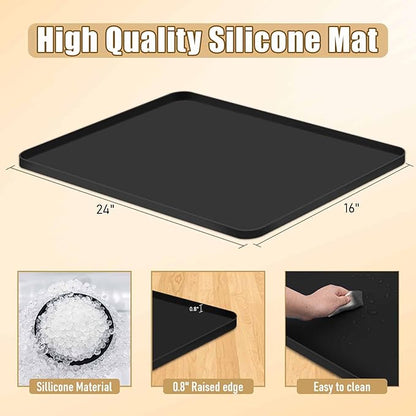 24x16x0.8 Inch Waterproof Water Cooler Mat with Raised Edge - Non-Slip Spill Drip Tray for Cooler Dispensers, Easy to Clean Mat for Floor & Countertop Protection in Kitchen, Office, Bedroom (Black)