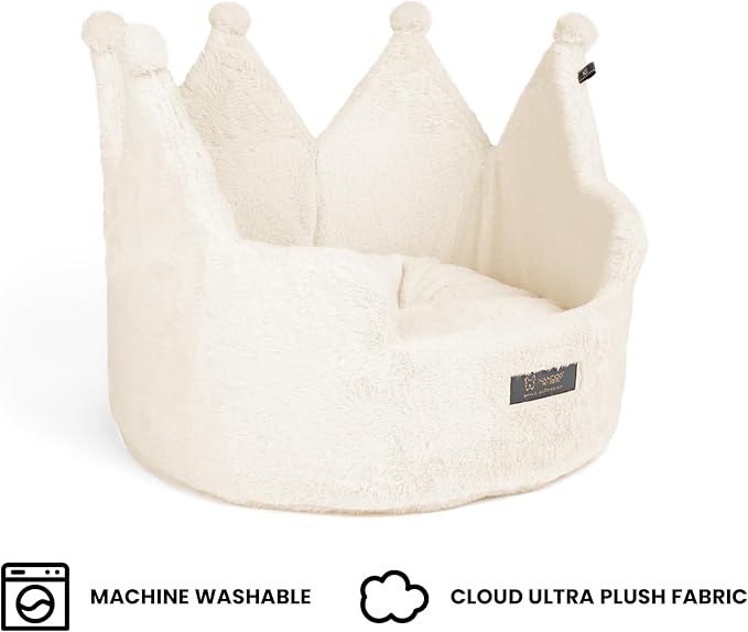 NANDOG Crown Dog Bed for Small Dogs & Cats – Soft Plush Round Pet Bed, Cozy Royal Design, Comfortable Indoor Puppy Bed for Crate or Kennel, White Cloud, Medium