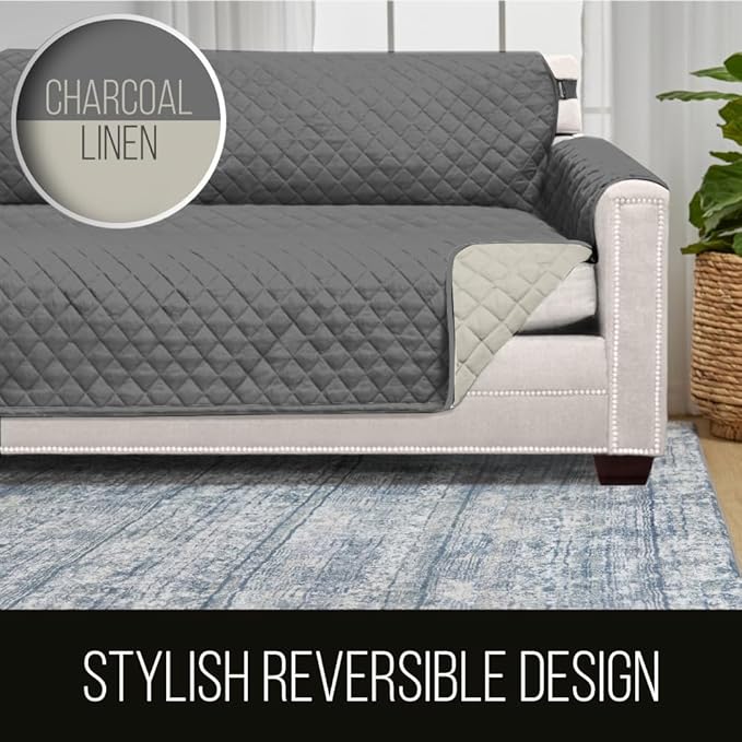 Sofa Shield Couch Slip Covers for Dogs, Reversible Furniture Protector with Strap, Stain and Tear Resistant Cushion Cover, 70 inch Seat, Machine Washable Slipcover Pets, Cats, Charcoal Linen