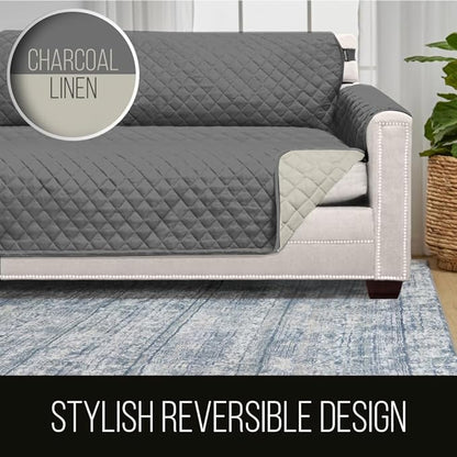 Sofa Shield Couch Slip Covers for Dogs, Reversible Furniture Protector with Strap, Stain and Tear Resistant Cushion Cover, 70 inch Seat, Machine Washable Slipcover Pets, Cats, Charcoal Linen