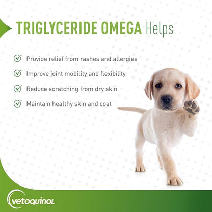 Vetoquinol Triglyceride Omega - Fish Oil for Dogs & Cats - Supports Healthy Skin, Coat & Normal Immune Response - Supplement with Vitamin Blend for Heart, Eye, Bone & Muscle Support - 250 Capsules