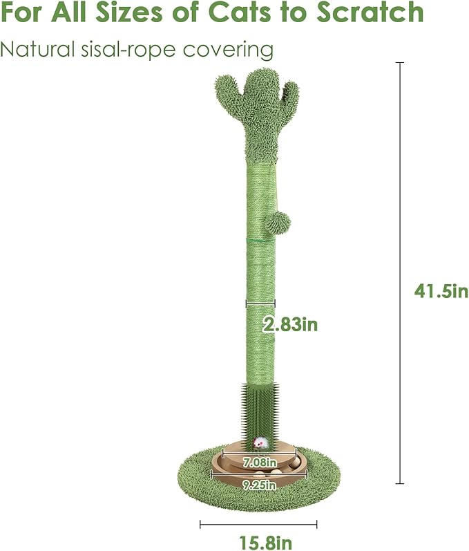 41.5" Cactus Cat Scratching Post, Heavy Duty Sisal Scratcher with Interactive Ball & Grooming Brush, Stable Anti-Tip Cat Tree for Indoor Cats & Large Cats