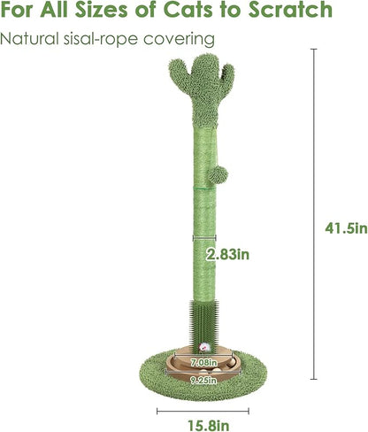 41.5" Cactus Cat Scratching Post, Heavy Duty Sisal Scratcher with Interactive Ball & Grooming Brush, Stable Anti-Tip Cat Tree for Indoor Cats & Large Cats