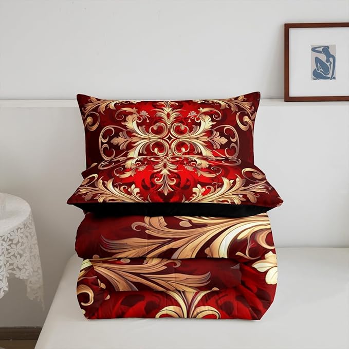 Erosebridal (Just Print Red Damask Print Queen Size Comforter Set, Bohemian Vintage Floral Paisley Soft Bed Set for Kids Boys Girls, Tribal Hippie Exotic Quilt Set,Victorian Baroque Bed Sets
