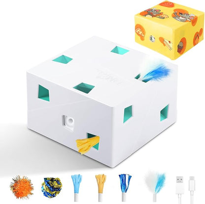 Migipaws Automatic MigiBox Plus Cat Toys 3 n1 Interactive Pounce Mystery Under PopSkin 12 Holes Cardboard Kitten Toys for Indoor Rechargable 8 Accessories(White)
