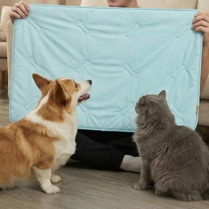 Self Cooling Mat for Dogs & Cats, 41x28.5 Soft Breathable Cold Crate Pad for Pet, Portable Washable Kennel Bed for Outdoor Summer with Non-Slip Bottom and Chill Cool Fiber, Sky Blue