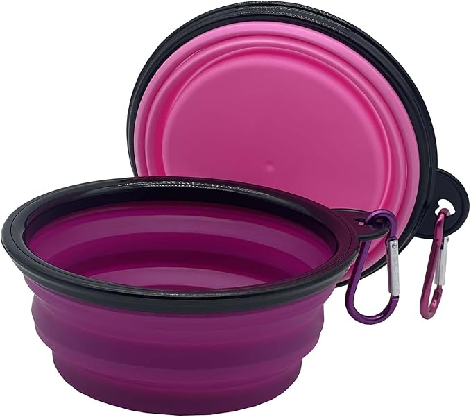 Medium Collapsible Dog Bowl 23oz,2 Pack Portable and Foldable Pet Travel Bowls with 2 Carabiners & Lids for Dogs Cats and Small Animals (Purple+Pink, 650ml)