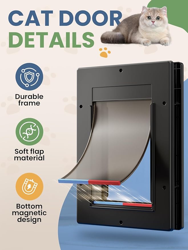 Cat Door, Cat Door Interior Door with Soft Magnetic Flaps, Sliding Panel Closure, Telescoping Tunnel, Easy DIY Installation Kitty Door, Exterior Cat Doors for Cats Up to 20 lbs, Black