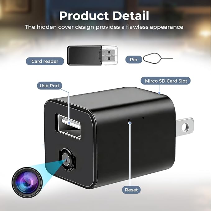PATTERSON 1080P Hidden Camera USB Charger - Mini Wireless Spy Camera with WiFi & Motion Detection - Ideal for Home Security, Baby Monitoring, and Pet Surveillance