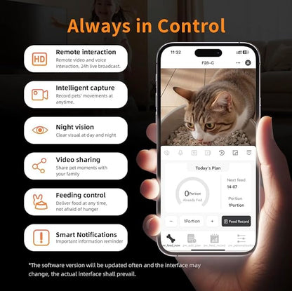 Automatic Cat Feeder and Waterer Set, 4L App Control Smart Cat Feeder with 2MP Camera, WiFi, Anti-Clog for Mix Food, 2.2L Filtered Pet Water Fountain with LED Light, Stainless Steel Bowl, Dual Power