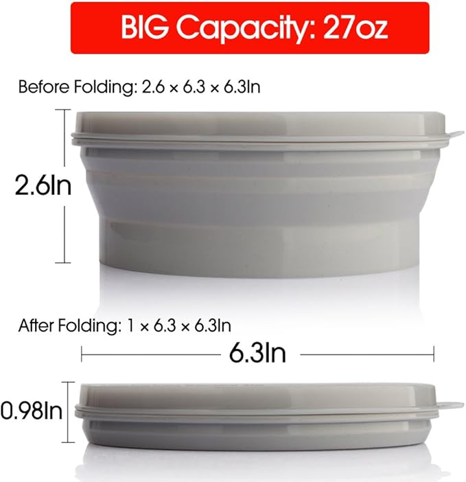 ME.FAN Silicone Collapsible Bowls - Silicone Folding Travel Bowl with Lids - Expandable Food Storage Containers Set - Portable, [27oz]