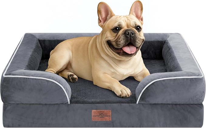 Comfort Expression Orthopedic Dog Bed for Medium Dogs 30x20 Inch, Waterproof Supportive Egg Crate Foam Medium Pet Bed with Removable Bolster, Dog Couch with Washable Cover & Non-Slip Bottom, Dark Grey