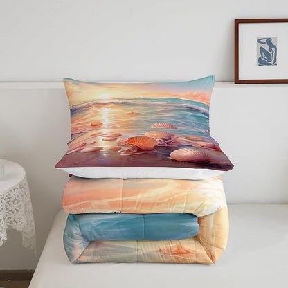 Erosebridal Ocean Bedding Sets King Tropical Hawaii Comforter Set Summer Beach Bedding Comforter Seashell Conch Bed Set Oil Painting Quilted Duvet Coastal Sealife Girls Teen Bedroom Décor Soft