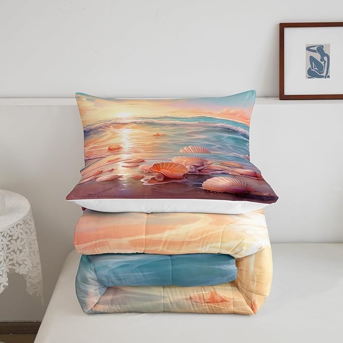 Erosebridal Ocean Bedding Sets Full Tropical Hawaii Comforter Set Summer Beach Bedding Comforter Seashell Conch Bed Set Oil Painting Quilted Duvet Coastal Sealife Girls Teen Bedroom Décor Soft