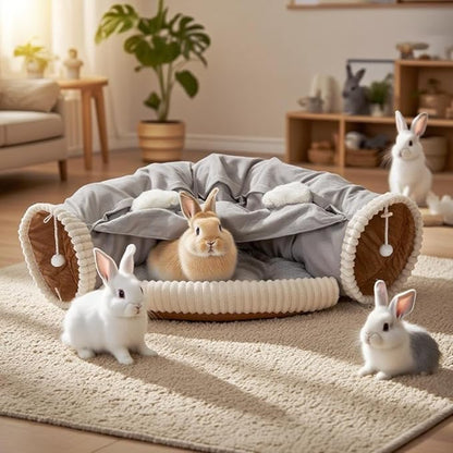 VelvetPaw Gray 2-in-1 Collapsible Rabbit Tunnel Bed | Removable Washable Pet Cushion | Cozy Hideout & Play Toy for Rabbits, Bunnies & Kittens - Indoor Rest, Exercise & Entertainment