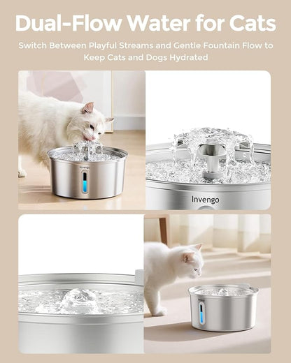Invengo Cat Water Fountain Stainless Steel 3.2L/108oz, Automatic Pet Fountain for Cats & Dogs, Ultra Quiet <25 dB Pump, LED Water Level Window, Easy to Clean