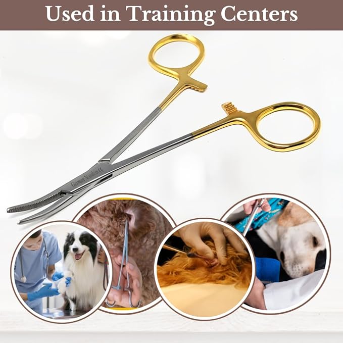 HTI Dog CAT PET Hair Puller Remover Stainless Steel Hemostat Locking Forceps 5.5" Curved Full Serrated (Gold Handle)