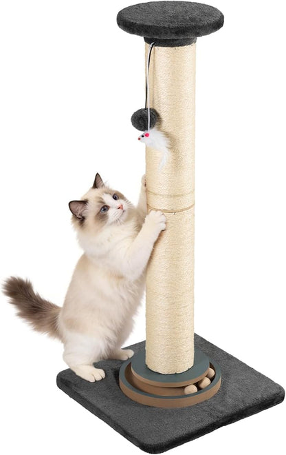 Tall Cat Scratching Post, Thick Sisal Scratcher with Heavy Sturdy Base & Interactive Toys for Indoor Cats