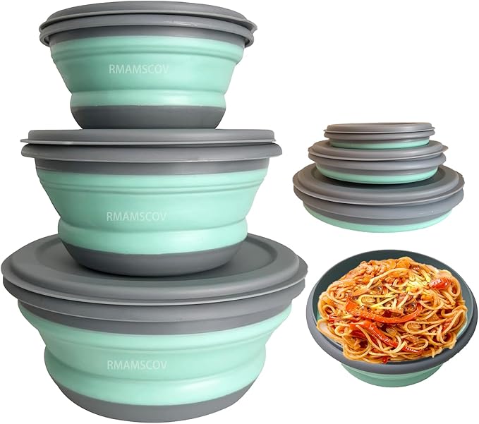 RMAMSCOV Collapsible Camping Bowl with Lid, 3 Pcs Silicone Salad Bowl Serving, Microwave Foldable Soup Ramen Serving for Travel, Picnic, Rv(Blue)