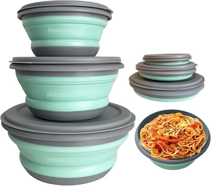 RMAMSCOV Collapsible Camping Bowl with Lid, 3 Pcs Silicone Salad Bowl Serving, Microwave Foldable Soup Ramen Serving for Travel, Picnic, Rv(Blue)
