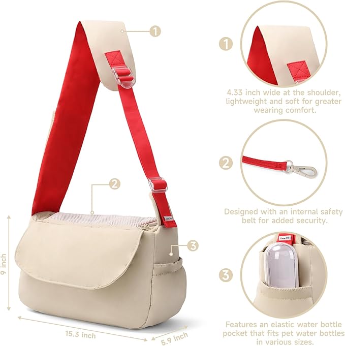 Dog Carrier Sling, Cat Sling Carrier, Adjustable Soft Padded Shoulder Strap with Storage Pocket, Small Dog and Cats Sling Carriers up to 10 lbs, Hands-Free Pet Carrier for Travel Hiking Walking Beige