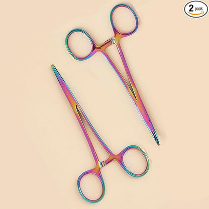 Pets ears/nose hair Puller Straight & Curved full serrated, stainless steel Home Hemostat Locking Forceps, Professional pet grooming tool for cats & dogs 2pcs set （Gradient color）