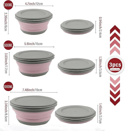 Collapsible Bowls, 3pcs Food Grade Silicone Camping Bowl Salad Bowl with lids, Portable Expandable Lunch Box Food Storage Container for Camping Travel and Picnic (Pink)