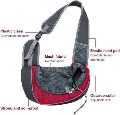 Pet Sling Carrier for Small Dogs & Cats, Hands-Free Drawstring Cat Travel Bag with Adjustable Strap, Soft Breathable Mesh Carring Holder with Safety Hook & Zipper, Suitable for Puppies, Kitten