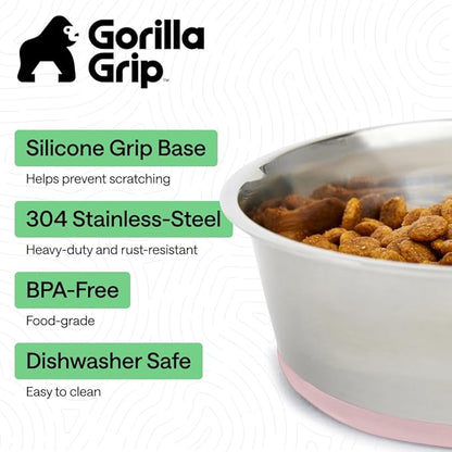 GORILLA GRIP Dog Bowls, Food Grade 304 Stainless Steel, Holds 2 Cups Each (16 fl oz) Food and Water Bowl for Feeding Dogs and Cats, Dishwasher Safe, Rust Resistant, BPA Free Rubber Base Set of 2 Pink