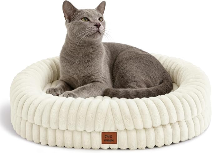 ChiXnuggle Cat Bed for Indoor Cats - Luxury Striped Faux Fur Waterproof Pet Couch with Removable Washable Cover, Orthopedic Pet Bed with Bolster Sides for Sleeping, Cream