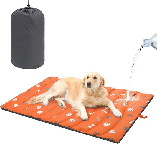BEAUTYZOO Outdoor Dog Bed Waterproof, Camping Dog Bed Reversible, Portable Travel Bed with Carry Bag- Machine Washable, Durable, Foldable Outdoor Pet Bed Mat for Medium Large Dogs, 35" x 51" Orange