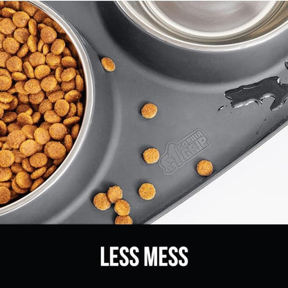 GORILLA GRIP Feeding Mat Bowl Set, 4 Cup 100% Waterproof BPA Free Silicone Base, 304 Stainless Steel Cat and Dog Bowls for Food and Water, Slip Resistant, High Edge, US Designed, Patent Pending, Gray