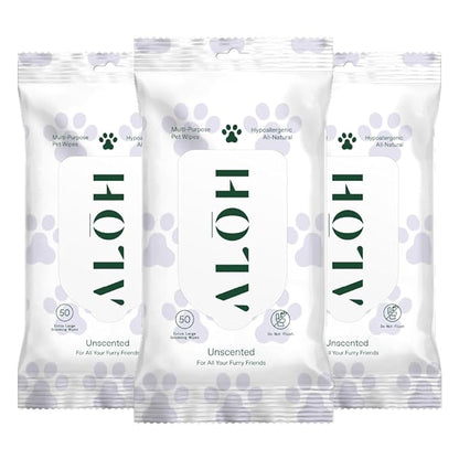 ALŌH Hypoallergenic | All-Natural | Multi-Purpose Pet Wipes, Unscented 50ct Wipes | 3 Pack of 50ct Wipes (150 Wipes)