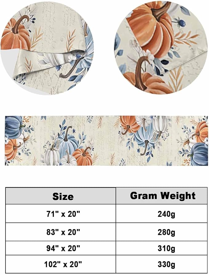 Orange Blue Pumpkins Bed Runner for King Size Bed, Fall Decorative Bed Scarf Throws for Foot of Bed, Thanksgiving Elegant Leaves Luxury Bedding Protector Slipcover Bed Runners for Home, 94 x 20 Inch