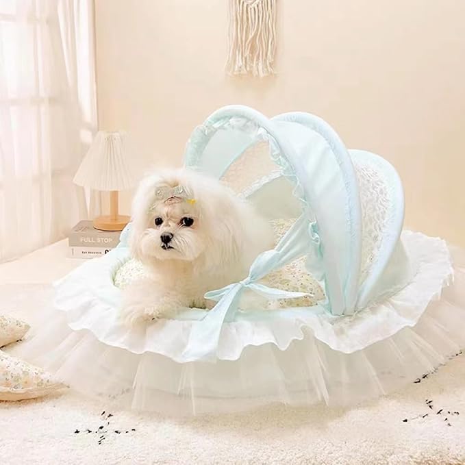 Elegant Pet Bed with Ruffles, Cradle Bed for Small Dogs Puppy Kitten Luxury Bed Sofa (L 25.6''Lx21.7''Wx17.3''Th, Cotton MintCanopy)